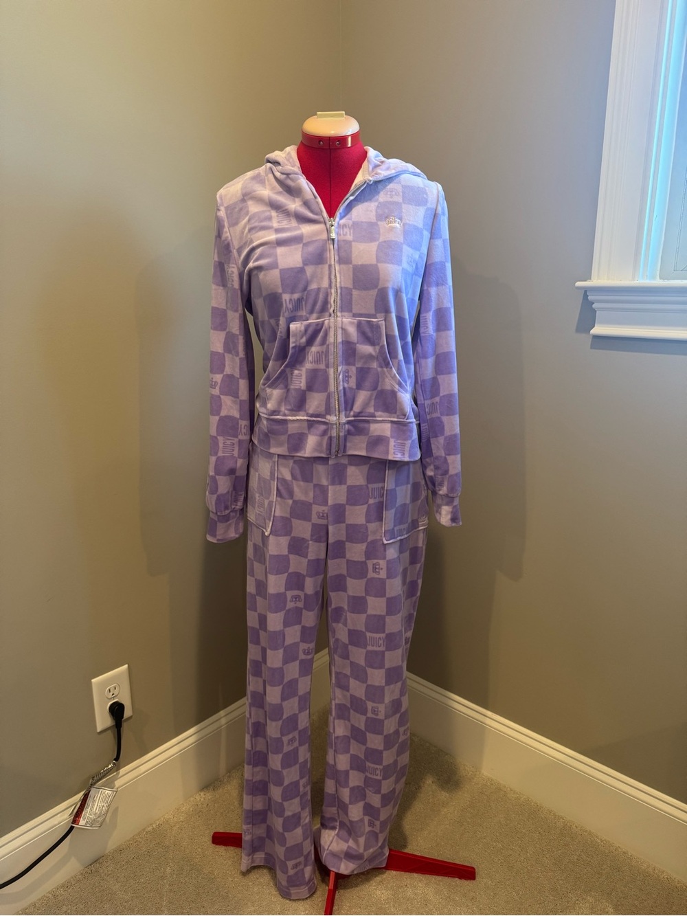 Juicy by Juicy Couture purple velour crown checkered tracksuit set